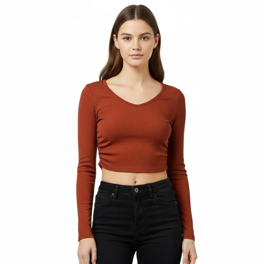 Attirance Crop Top‎ S Red Brick Long Sleeve Backless Tie Ribbed Sexy Trendy